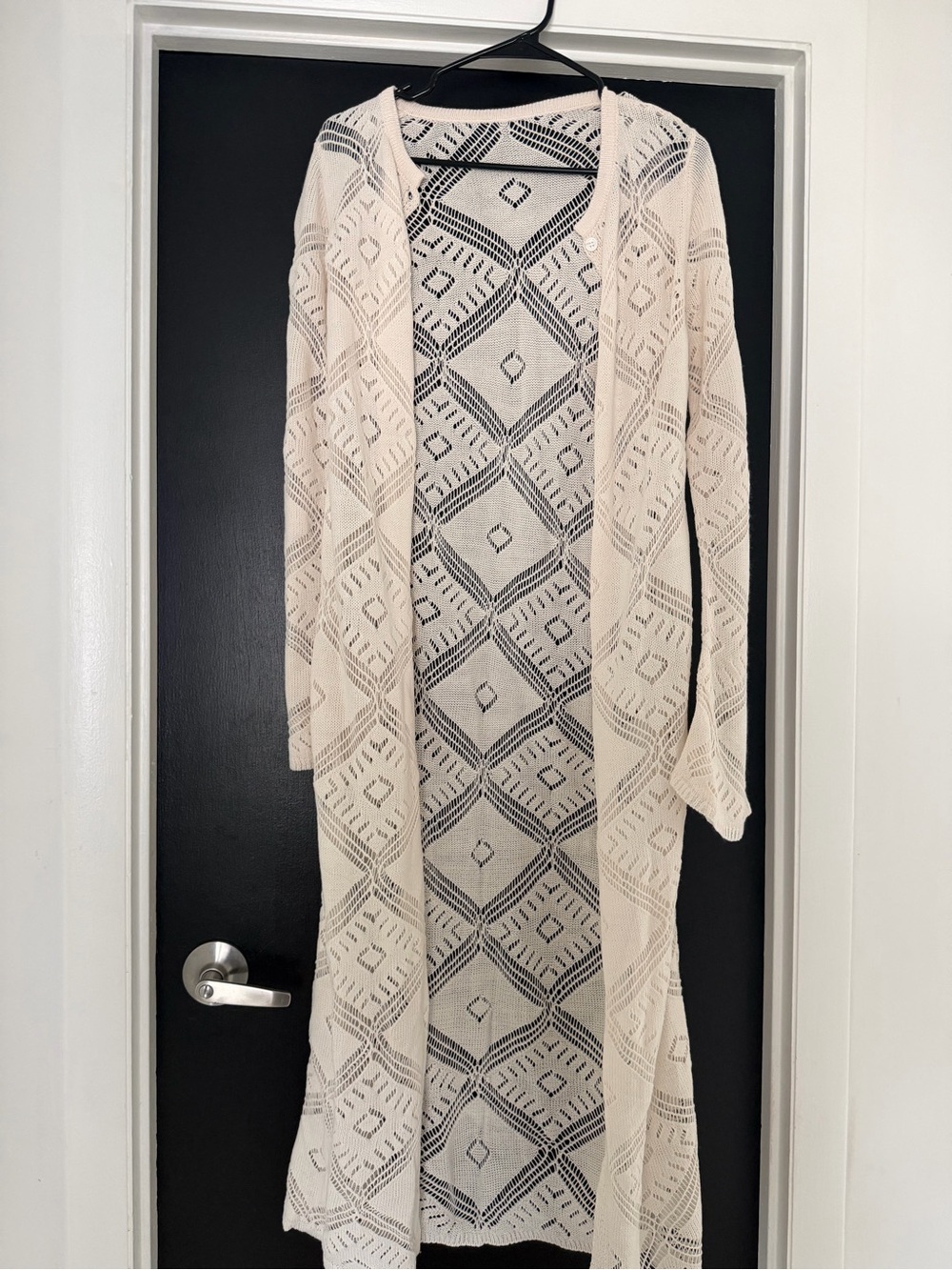Openwork Diamond Knit Duster Cardigan - Cream or beach cover-up